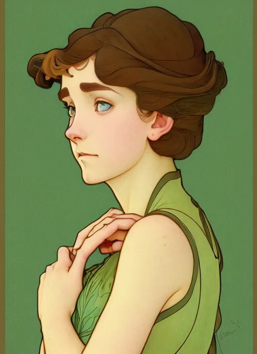 Prompt: art nouveau portrait of a pretty young girl with short light brown hair, light green eyes, sad expression, scared, head down, shy and demure, natural lighting, path traced, highly detailed, high quality, cartoon, digital painting, by don bluth and ross tran and studio ghibli and alphonse mucha