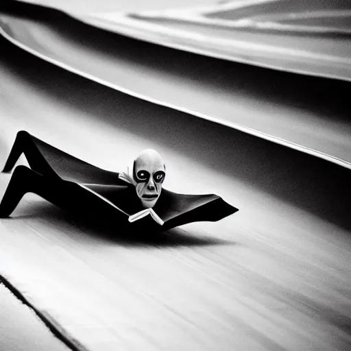 Image similar to portrait of nosferatu is doing bobsleigh alone, sport photography