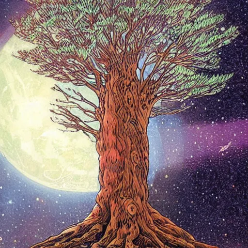 Prompt: a large tree rooted in a galactic crystal hovering in space, by moebius