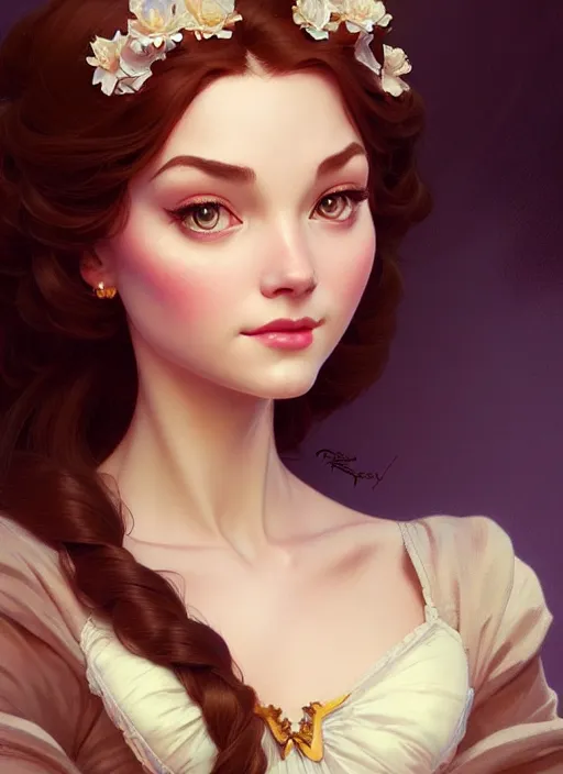 Image similar to portrait of disney belle, intricate, elegant, highly detailed, my rendition, digital painting, artstation, concept art, smooth, sharp focus, illustration, art by artgerm and greg rutkowski and alphonse mucha and uang guangjian and gil elvgren and sachin teng, symmetry!!