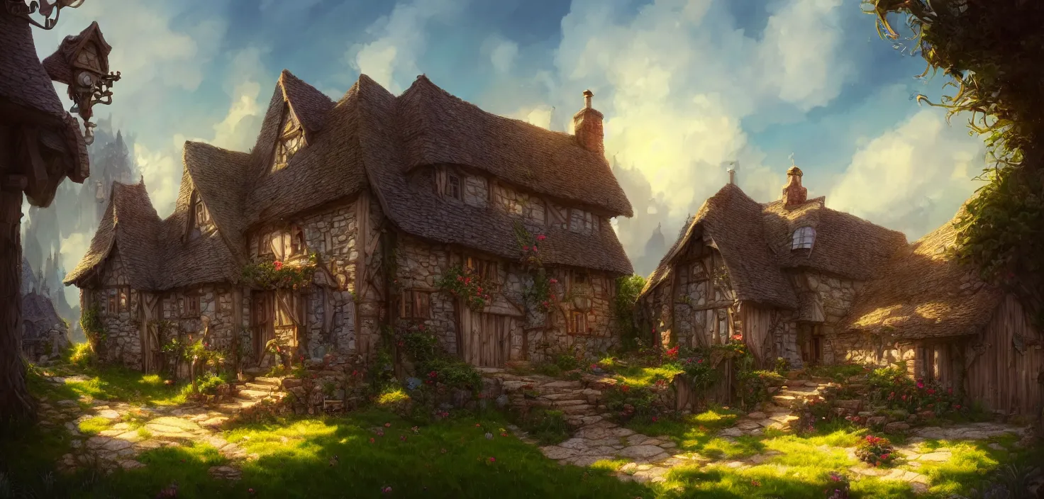 Prompt: an illustration of the small medieval fantasy house in a town with many cute flower pots and beautiful blue sky scenery, cinematic view, epic sky, detailed, concept art, low angle, high detail, warm lighting, volumetric, godrays, vivid, beautiful, trending on artstation, by jordan grimmer, huge scene, grass, art greg rutkowski