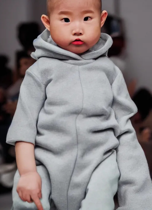 Image similar to hyperrealistic and heavy detailed balenciaga runway show of baby yoda, leica sl 2 5 0 mm, vivid color, high quality, high textured, real life, cute face