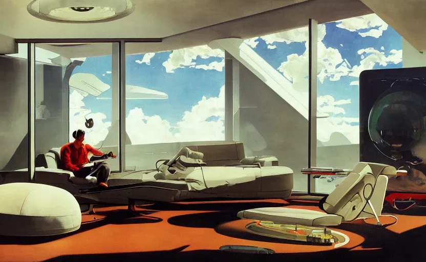 Image similar to a futuristic minimalist lounge room with a big window opening up to a wide open meadow with billowing clouds in the sky. highly detailed science fiction painting by norman rockwell, frank frazetta, and syd mead. rich colors, high contrast, gloomy atmosphere. trending on artstation.