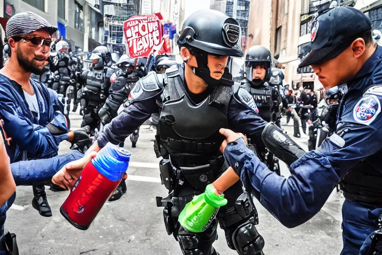 Prompt: beast boy giving a pepsi to riot police and stopping a protest, pepsi ad