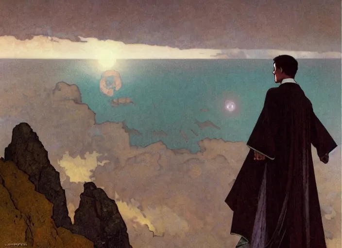 Image similar to dark silhuette of a man standing on a gray dull cliff looking out into a colorful cosmos, art by john collier and albert aublet and krenz cushart and artem demura and alphonse mucha