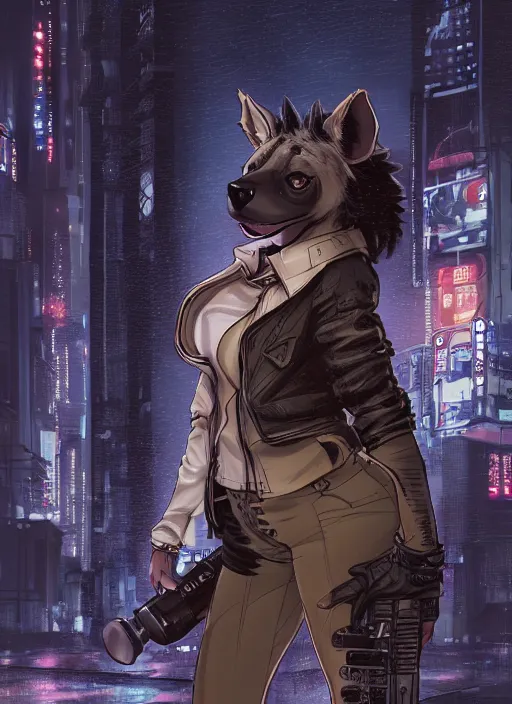 Image similar to character portrait of a female anthro hyena fursona with a cute beautiful attractive furry face and long black curly hair wearing a police flak jacket in a cyberpunk city at night while it rains. hidari, color page, tankoban, 4K, tone mapping, Akihiko Yoshida.