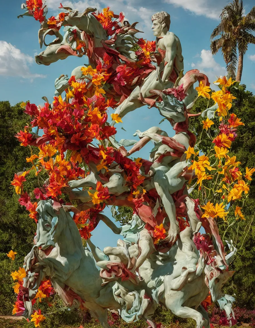 Prompt: a cowboy turning into blooms by slim aarons, by zhang kechun, by lynda benglis, by frank frazetta. tropical sea slugs, angular sharp tractor tires. bold complementary vivid colors. warm soft volumetric light. 8 k, 3 d render in octane. a manly cowboy riding wild flowers sculpture by antonio canova. jade green