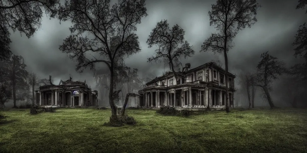 Image similar to a haunted old villa in the middle of an ancient forest, ominous Sky, gloomy atmosphere, cinematic, mist, High definition, 8k, ultra detailed