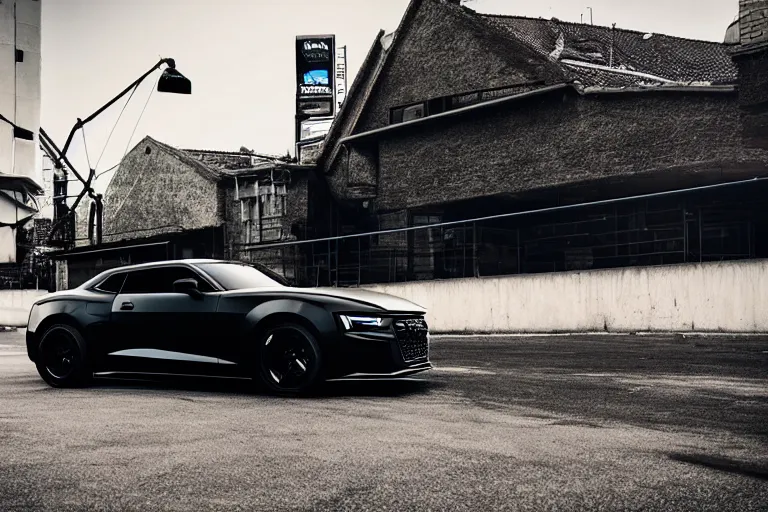 Image similar to widebody all black audi camaro b 9 ( 2 0 2 0 ), need for speed : carbon, at night, sci - fi, neon lines, phonk music background, smoke behind wheels, noise, dark, establishing shot, by simon stalenhag