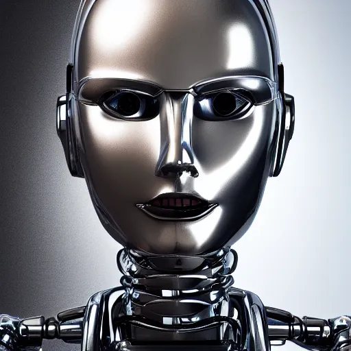 Image similar to portrait of a chrome robot with a humanoid face, insanely detailed intricate octane render, 8 k artistic photography, photorealistic