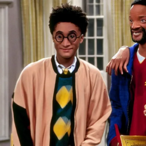 Prompt: Harry Potter on the fresh prince tv show with will smith, movie still,