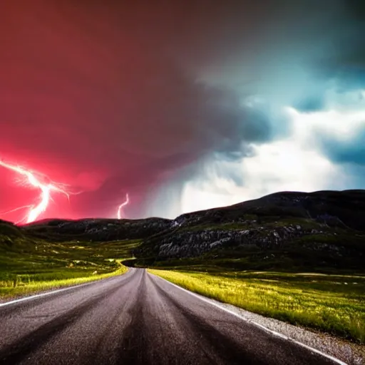 Prompt: nightmarish creatures rushing towards black pontiac firebird trans - am driving towards the camera, norway mountains, valley, large lake, dynamic, cinematic, motionblur, volumetric lighting, wide shot, low angle, red glow in sky, large lightning storm, thunder storm