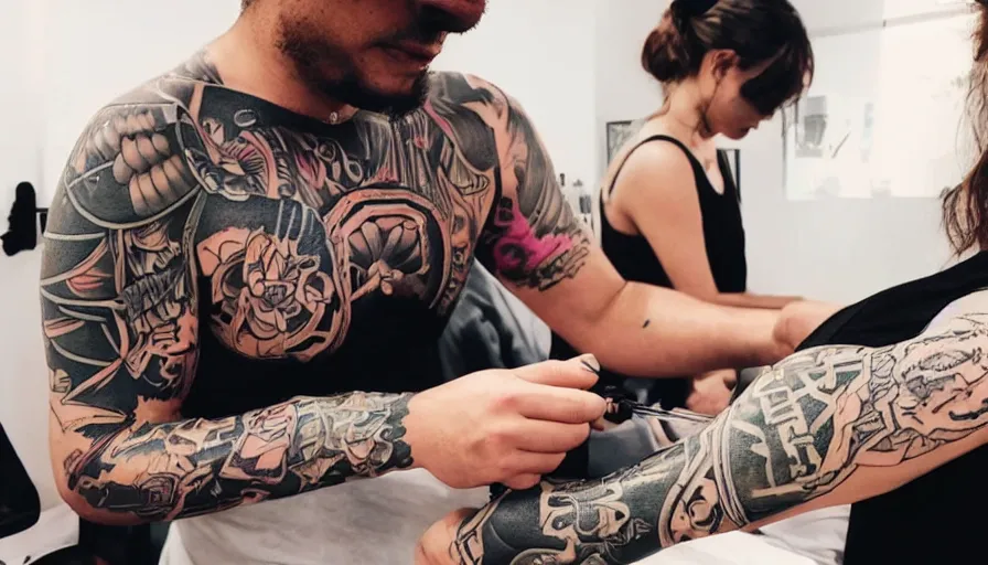 Prompt: photo of a new tattoo of someone giving themselves a tattoo of a tattoo 8 k 1 0 8 0 p