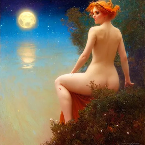 Image similar to attractive fairy magically floating high in the night, fantasy, full moon in background. highly detailed painting by gaston bussiere, craig mullins, j. c. leyendecker, sharp focus, 8 k