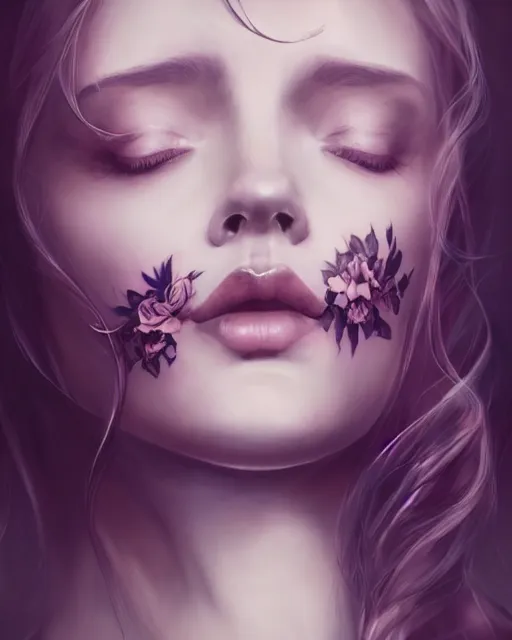 Prompt: auburn beauty portrait, ink smoke flower tattoo neck, celestial beauty water smoke floral portrait by wlop and artgerm, artstation, radiant light