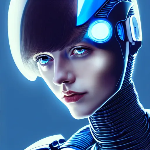 Prompt: woman in hitech armor costume with dark bobcut haircut with friendly blue eyes and slim features looking askance, cyberpunk bionics, retro - futurist style, intricate, elegant gleaming jewelry, angelic halo, highly detailed, digital painting, artstation, concept art, smooth, sharp focus, illustration, art by wlop, mars ravelo and greg rutkowski