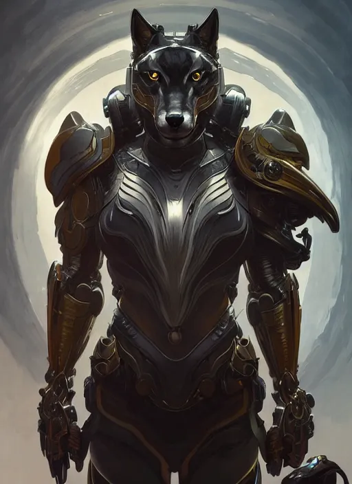 Image similar to symmetry!! portrait of a wolf, sci - fi armour! muscular, fantasy, intricate, elegant, highly detailed, digital painting, artstation, concept art, smooth, sharp focus, illustration, art by artgerm and greg rutkowski and alphonse mucha