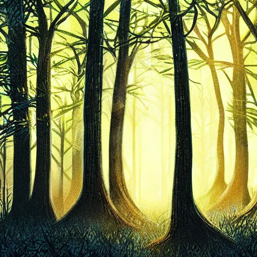 Image similar to A forest in the art style of Alena Aenami, Marcel Marcel and Metzinger