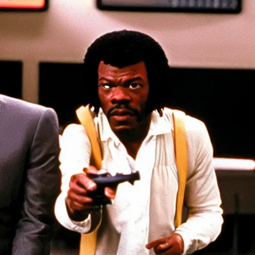 Image similar to jules winnfield pointing a banana as a weapon, pulp fiction, 8 k