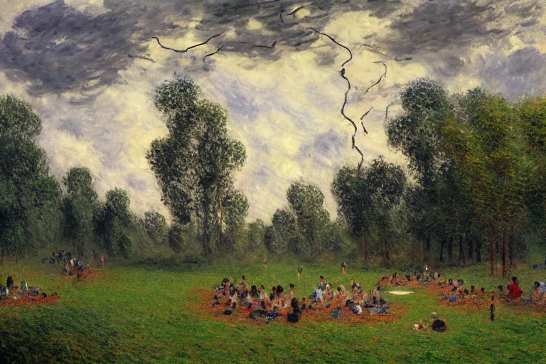 Image similar to a detailed illustration of a god ruining a picnic in the park, nightmare in the park, calamity, dark storms with lightning, ultrawide lens, aerial photography, natural disaster, 8 k, art by claude monet and andreas rocha and albert bierstadt