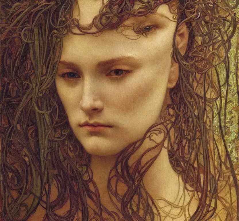 Image similar to detailed realistic beautiful young medieval queen face portrait by jean delville, alphonse mucha, vincent van gogh, and marco mazzoni, art nouveau, symbolist, visionary, gothic, pre - raphaelite