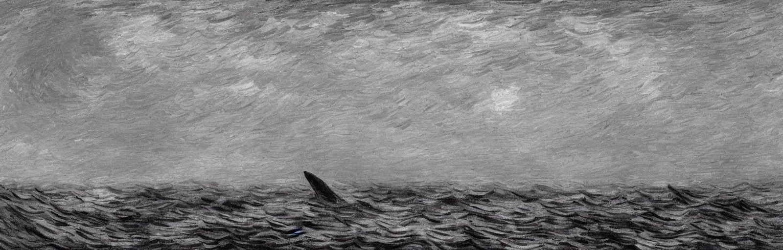 Image similar to An aesthetically pleasing, dynamic, energetic, lively, well-designed digital art of a whale in the ocean at night in a low mist, light and shadow, chiaroscuro, by Claude Monet and Vincent Van Gogh, superior quality, masterpiece, excellent use of negative space. 8K, superior detail.