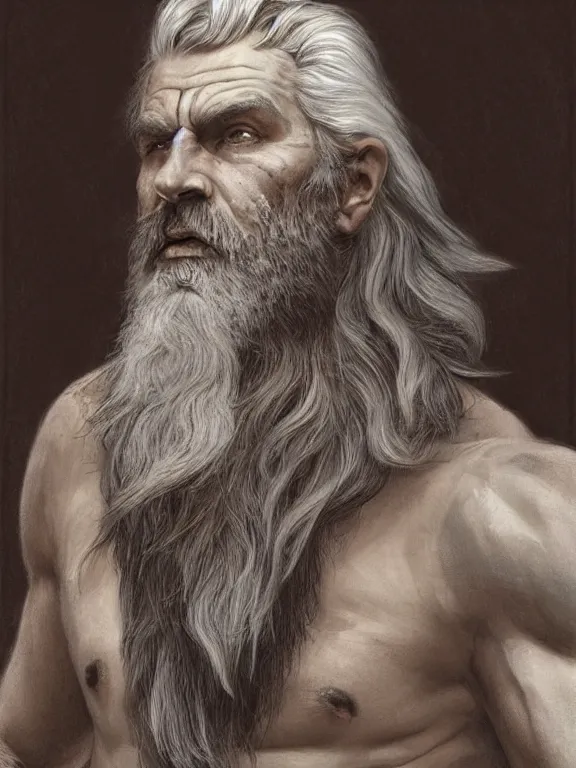 Prompt: painted portrait of rugged odin, god of war, old viking, norse god, white hair, masculine, mature, handsome, upper body, grey and silver, muscular, hairy torso, fantasy, intricate, muscular, elegant, highly detailed, digital painting, artstation, concept art, smooth, sharp focus, illustration, art by gaston bussiere and alphonse mucha