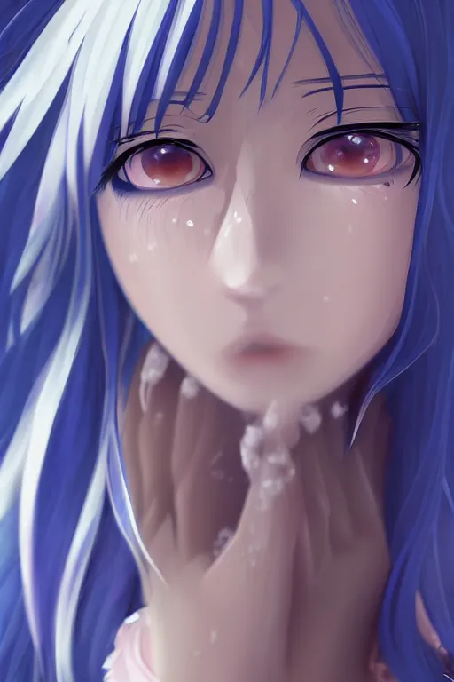 Prompt: close up portrait of an anime girl crying, blue long hair, digital illustration, dramatic lighting, by mai yoneyama, blurred background