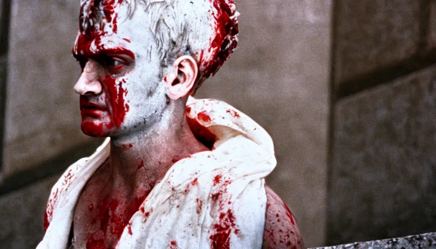 Prompt: 1 9 6 0 s movie still close - up of caligula in a white toga bleeding to death on stairs, cinestill 8 0 0 t 3 5 mm, high quality, heavy grain, high detail, dramatic light, anamorphic