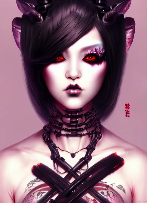 Image similar to soft lustrous ebony geisha seductive raver yakuza gothic cyborg, decay, underworld, dark fantasy, dark art, highly detailed, digital painting, octane render, artstation, concept art, smooth, sharp focus, illustration, art by artgerm, loish, wlop