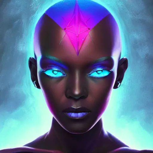 Image similar to african neon necromancer, science fiction, highly detailed, digital painting, beautiful eyes, symmetry, concept art, sharp focus, illustration, global illumination, radiant light, synthwave colors, detailed and intricate environment, art by artgerm and greg rutkowski and magali villeneuve and ilya kuvshinov!