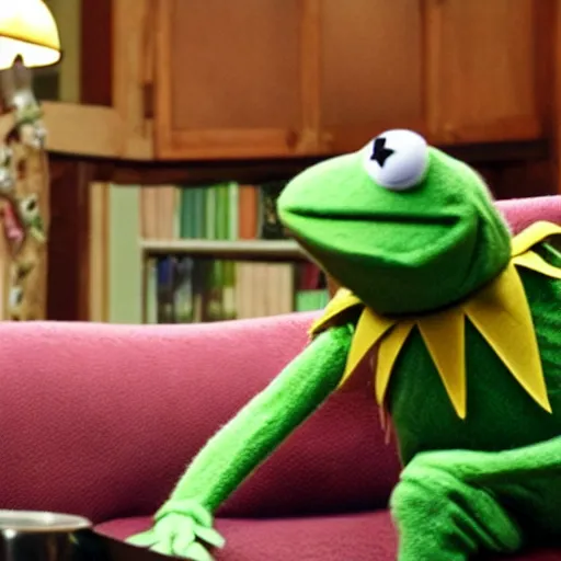 Image similar to candid photo of kermit the frog sitting on the couch hitting a bong, kermit the frog in ted ( 2 0 1 2 ) bong scene, kermit the frog, high resolution photo, trending on artstation, interior design,