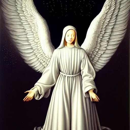 Image similar to highdetailed hyperrealistic painting of white angel!!! no gender smiling noface!!!, light instead of hands, white sparkles everywhere, 4 k hd face!!!, big silver high detailed wings!!!, renaissance, by jan van eyck, holography space, glow effect, large strokes, monochrome!!!!!