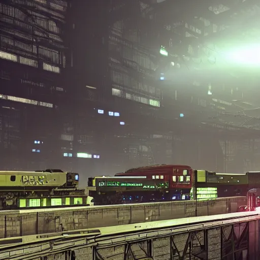 Image similar to Immense industrial futuristic cargo train arrives at cyber punk city station, cinematic lighting,