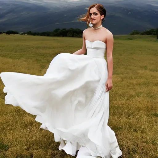 Image similar to emma watson in her wedding dress on a vast field, extremely long hair, unreal engine