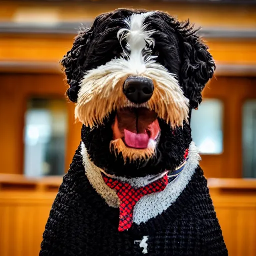 Image similar to a closeup photorealistic photograph of a smiling knitted bernedoodle judge dog dressed in a black gown, presiding over the courthouse. indoors, professional capture, well lit shot. this 4 k hd image is trending on artstation, featured on behance, well - rendered, extra crisp, features intricate detail, epic composition and the style of unreal engine.