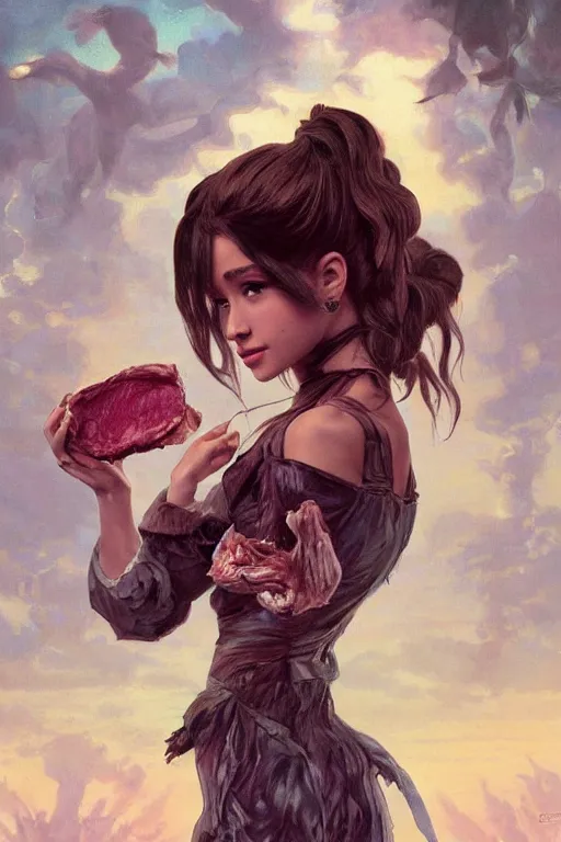 Image similar to beautiful cottagecore Ariana Grande holding a rotten chunk of meat. intricate, elegant. the background is zombies !. highly detailed, digital painting, artstation, concept art, smooth, sharp, focus, illustration. . art by artgerm and greg rutkowski and alphonse mucha