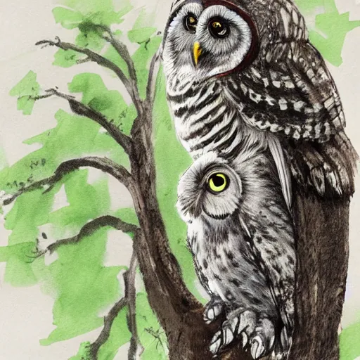 Image similar to owl with transverse flute sitting on a tree, concept art