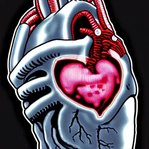 Prompt: anatomically correct human heart organ modified with xenomorph elements