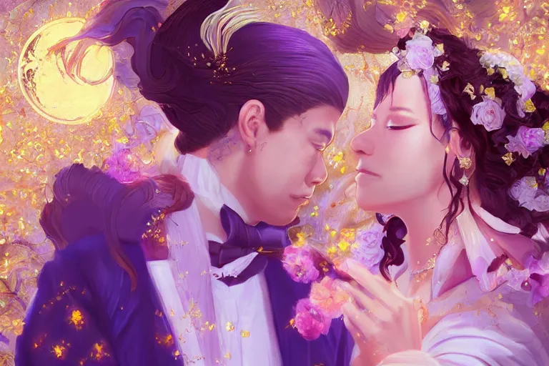 Image similar to a cinematic portrait of wedding photograph jpeg close up moment of a divine a japan sun god and moon goddess lovers magician at a wedding banquet. portraiture. digital painting. artstation. concept art. fantasy wedding photo. digital painting, 8 k realistic, hyper detailed, violet evergarden art masterpiece by art by krenz cushart