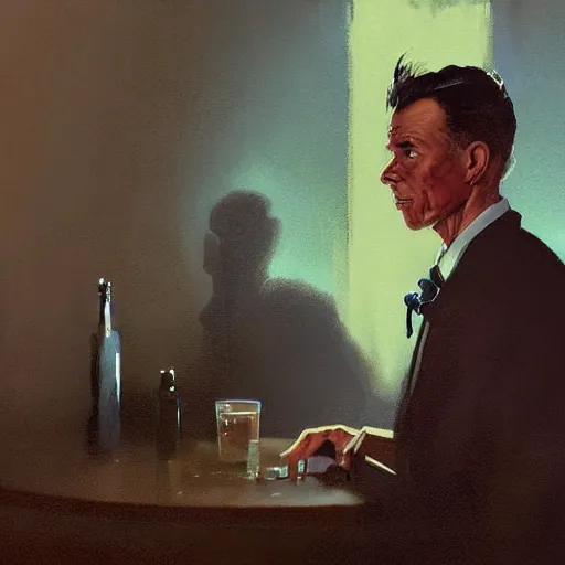 Image similar to a highly detailed epic cinematic concept art CG render digital painting artwork costume design: young Frank Sinatra as a poor 1950s bartender. volumetric lighting. By Greg Rutkowski, in the style of Francis Bacon, painted by Syd Mead, by Norman Rockwell and Beksinski, in the style of Edward Hopper and James Gilleard, Ilya Kuyshinov, WLOP, Stanley Artgerm, art by Takato Yamamoto, painted by James Jean airbrush, great attention to proper perfect anatomy, highly detailed, very coherent, triadic color scheme, realistic facial expression
