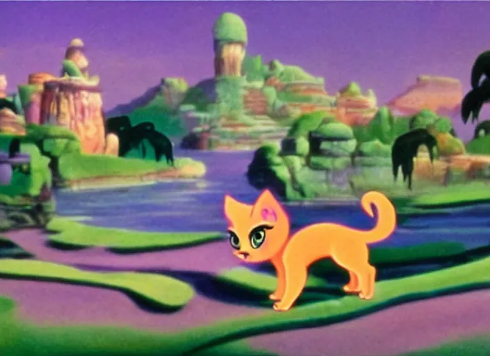 Prompt: littlest pet shop cat in a scenic matte painting from fantasia ( 1 9 4 1 )