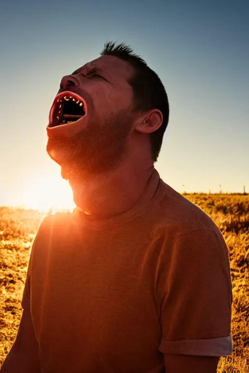 Prompt: a photograph of a man unhinging his jaw to eat the sun, 4 k image, golden hour, sigma lens, sourced by nasa, drone photograph, real, scary