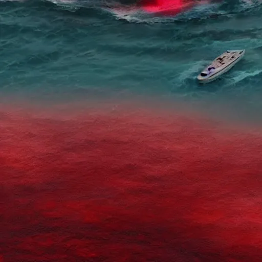 Image similar to anti - christ rising from a red ocean with boats. ominous. vivid color detailed photograph from a 2 0 2 0 s blockbuster vfx horror movie.