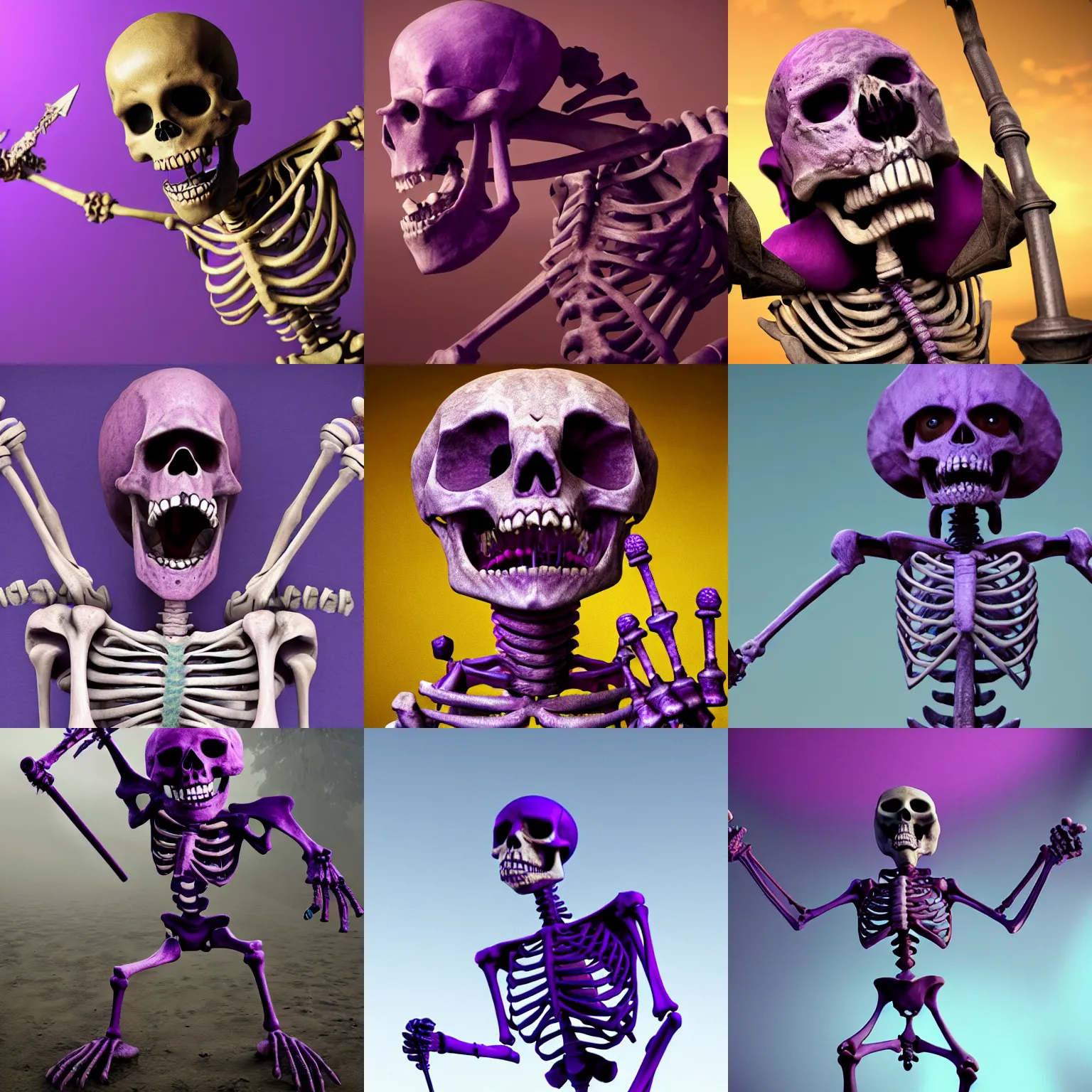 Prompt: A skeleton with a strong purple body and holding a sceptre is screaming, ultra realistic, concept art, intricate details, dark, highly detailed, photorealistic, octane render, 8k, unreal engine