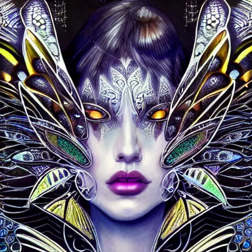 Image similar to closeup portrait of a beautiful art deco faerie queen, glowing eyes, moth wings with geometric patterns, reflective detailed textures, highly detailed dark fantasy science fiction painting, elaborate geometric ornament, ancient runes, silver and cool colors, extremely detailed, photorealistic, artstation