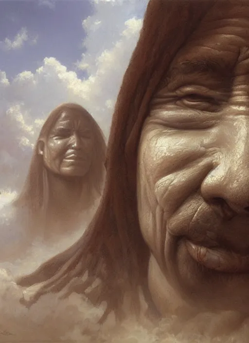 Prompt: faces of old indigenous people embedded made of clouds in the sky, art by christophe vacher