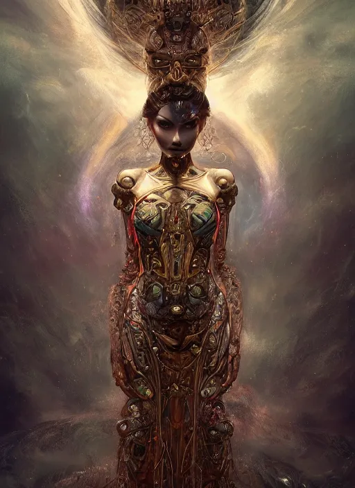 Image similar to epic portrait of menacing and anxious yet stunningly beautiful biomechanical djinn overseeing the iridescent fabric of time and space, by charlie bowater, mandy jurgens, gustav klimt, octane render, dramatic camera angle, 4k, 8k, high detail, HDR, by tom bagshaw, powerful, with inspiration from Beksinski, inspired by greek goddess Athena