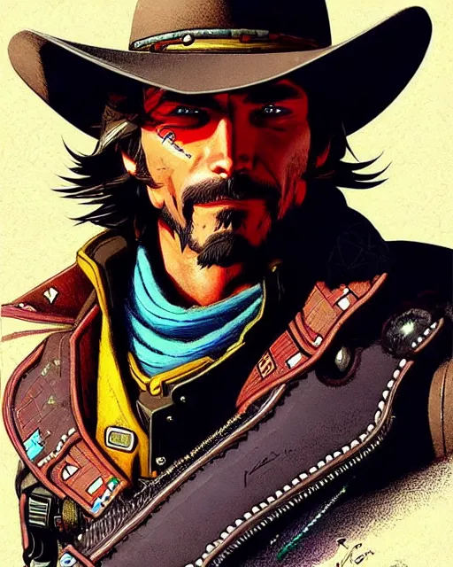 Image similar to mccree from overwatch, space cowboy, character portrait, portrait, close up, concept art, intricate details, highly detailed, vintage sci - fi poster, retro future, in the style of chris foss, rodger dean, moebius, michael whelan, and gustave dore