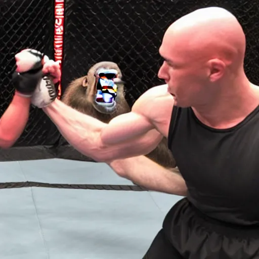 Prompt: bald steroid gut caucasian man fighting a kung - fu chimpanzee. mma cage fight